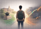 US college student between university and financial future with trading charts representing transition from education to finance career
