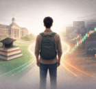 US college student between university and financial future with trading charts representing transition from education to finance career