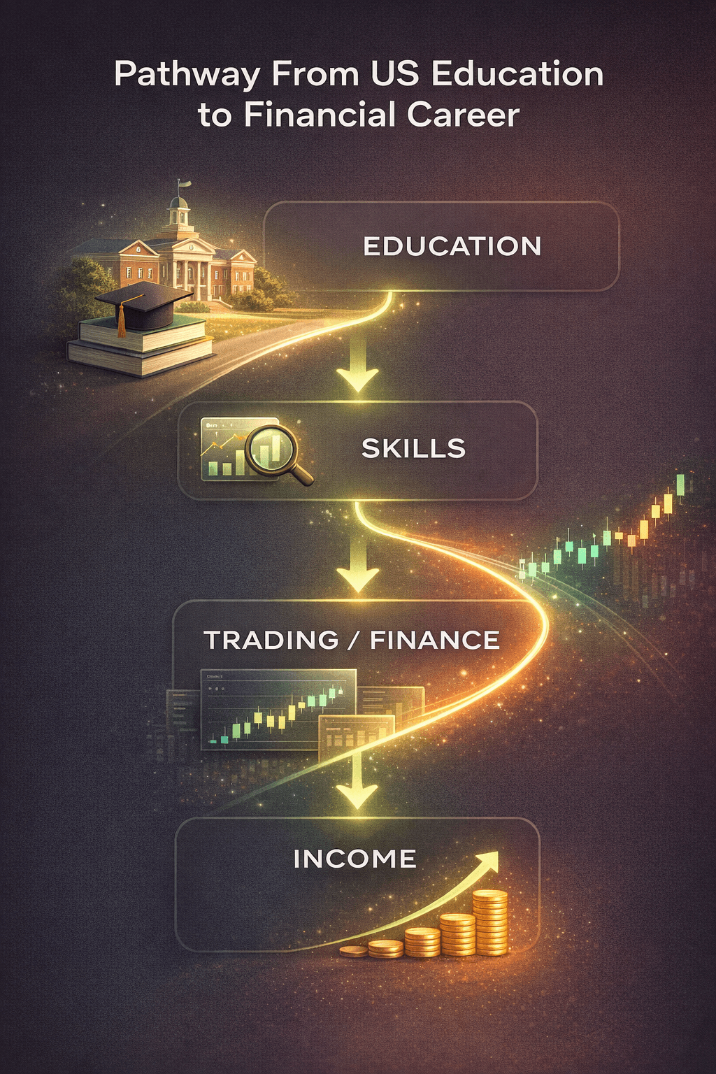 infographic showing path from US education to financial career including skills, trading and income growth