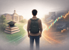 US college student between university and financial future with trading charts representing transition from education to finance career