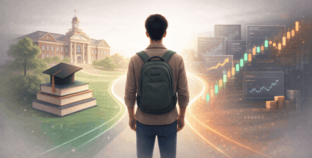 US college student between university and financial future with trading charts representing transition from education to finance career