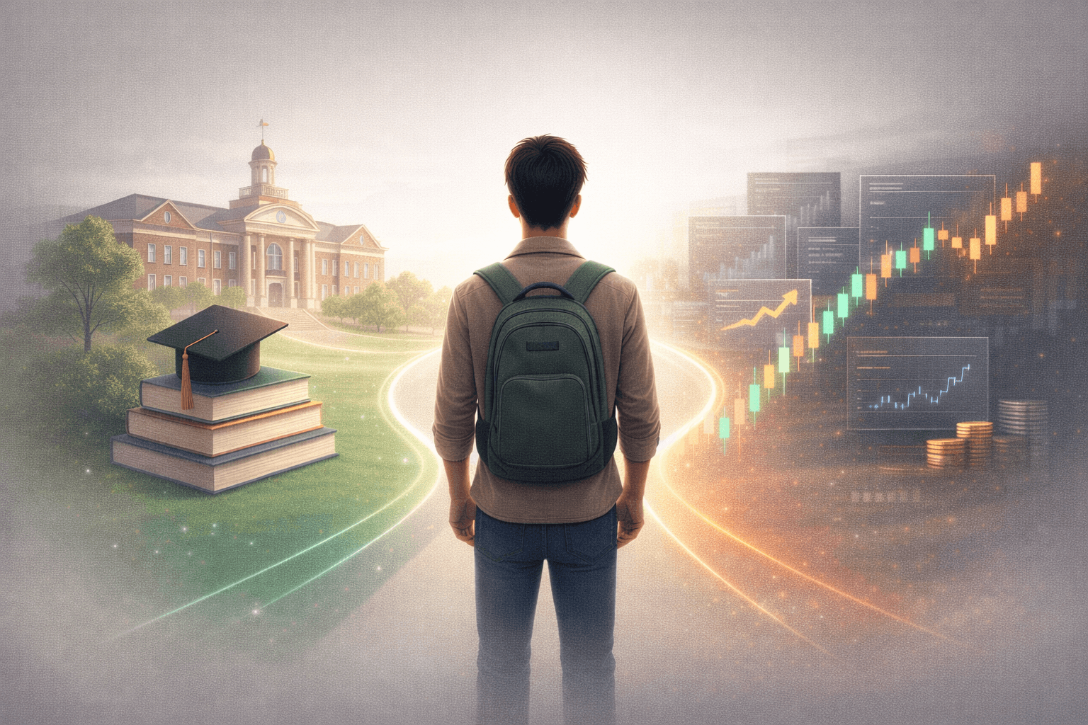 US college student between university and financial future with trading charts representing transition from education to finance career